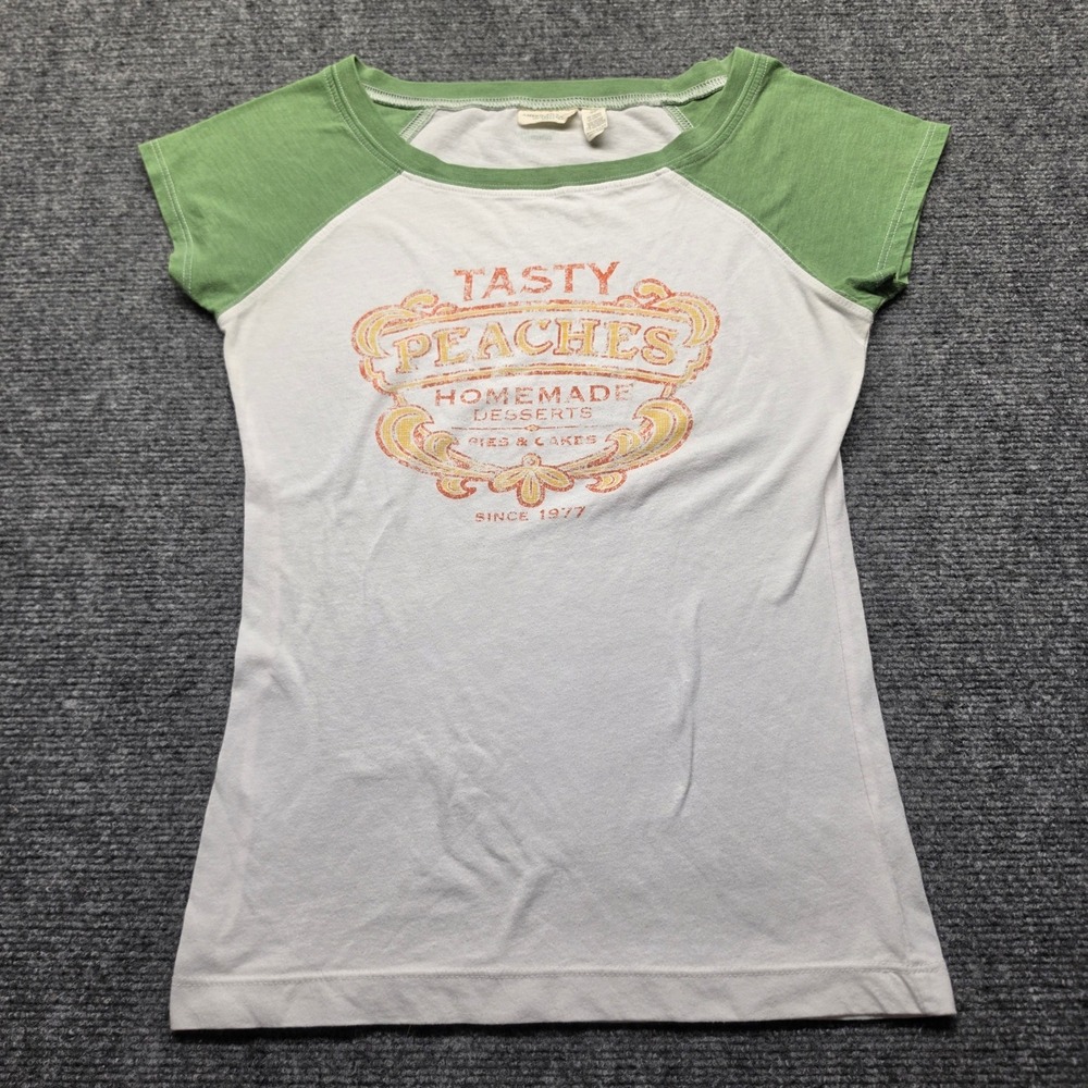 American Eagle Tasty Peaches Graphic Raglan Tee Green White Small
